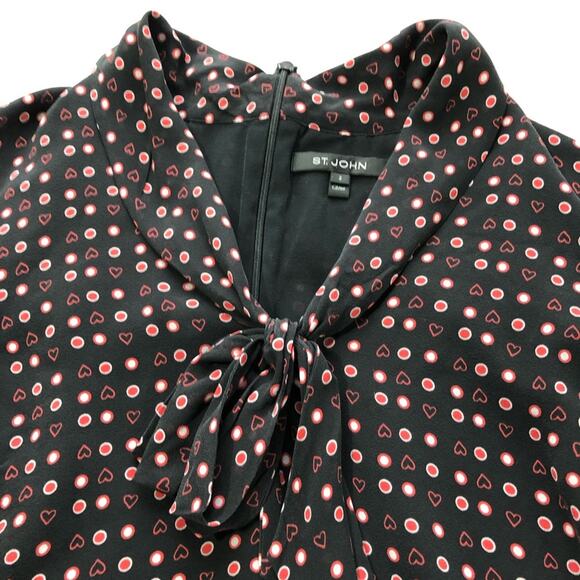 St John womens 2 black silk blouse red hearts print v neck tie bow career luxury - Picture 5 of 13